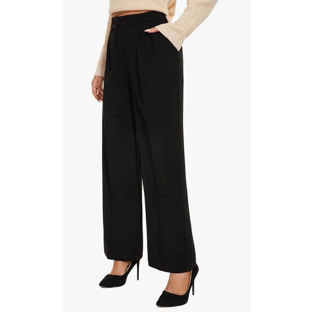 Womens Wide Leg Pants High Elastic Waisted Business Trousers Straight Suit black